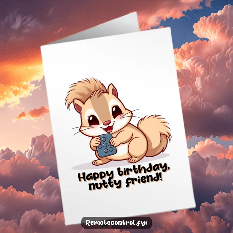 Funny Free Printable Squirrel Birthday Card: A giggling squirrel studies a remote with large buttons intently.