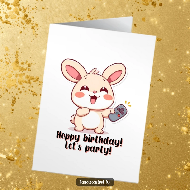 Funny free printable birthday card featuring a giggling rabbit with wide eyes, enthusiastically pointing a remote control.