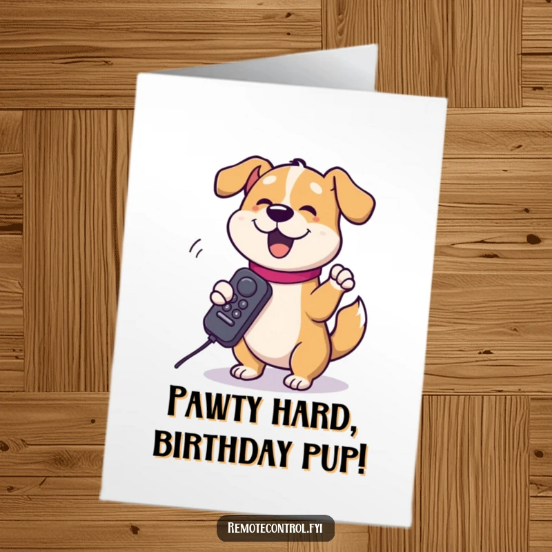 Funny Free Printable Birthday Card: Silly dog character gleefully spins a remote control around its paw, pure canine joy.