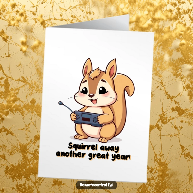Funny Free Printable Birthday Card: Happy squirrel focused on a remote, ready for a birthday marathon.