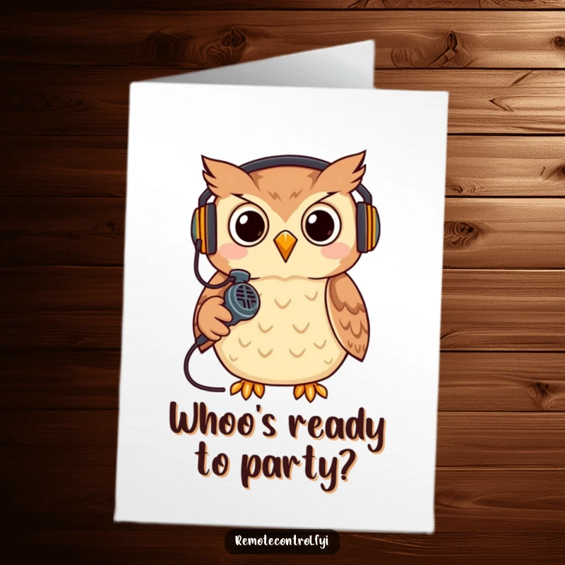 Funny Free Printable Birthday Card featuring a cool owl wearing a headset and holding a remote like a microphone, ready for a party.