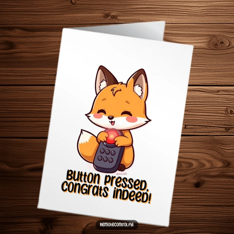 Funny free printable congratulations card with a fox about to press a red button, symbolizing a big achievement.