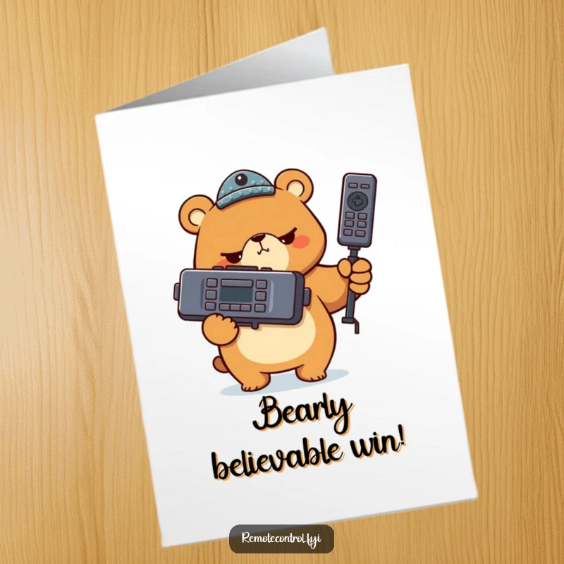 Funny Free Printable Congratulations Card: A serious bear character holds a massive remote control, ready for action.