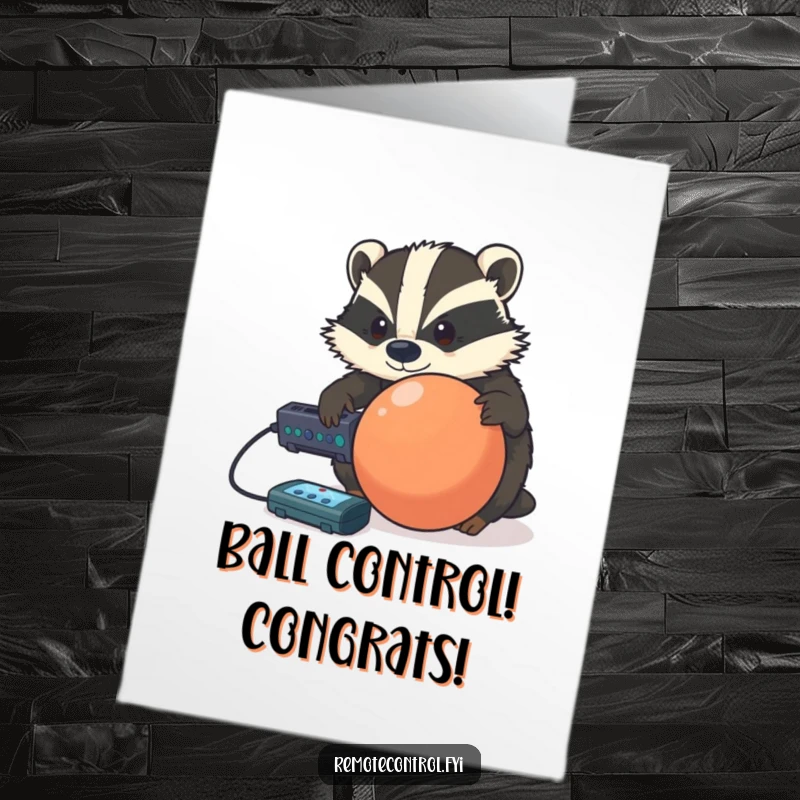 Funny Free Printable Congrats Card: A determined badger tries to control a rolling ball with a remote, showing intense concentration.