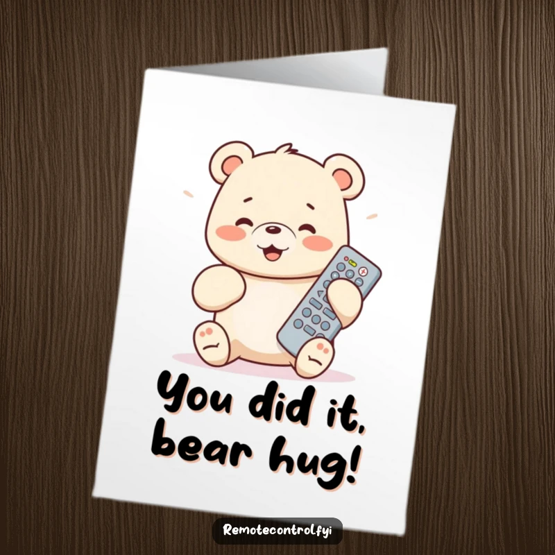 Funny Free Printable Congrats Card: Giddy bear cub holding a remote, looking excited. Hilarious celebratory downloadable art.