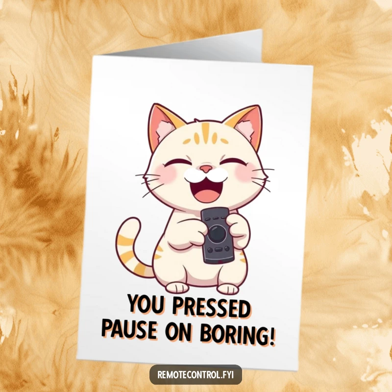 Funny Free Printable Congrats Card: Giggling cat holding a remote, playfully pointing to celebrate your success.