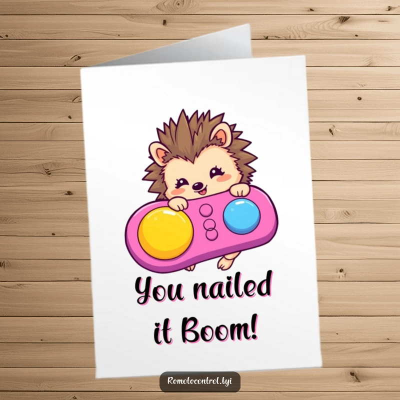 Funny Free Printable Congratulations Card: A cheerful hedgehog is about to push a large button on a colorful remote, celebrating a win.