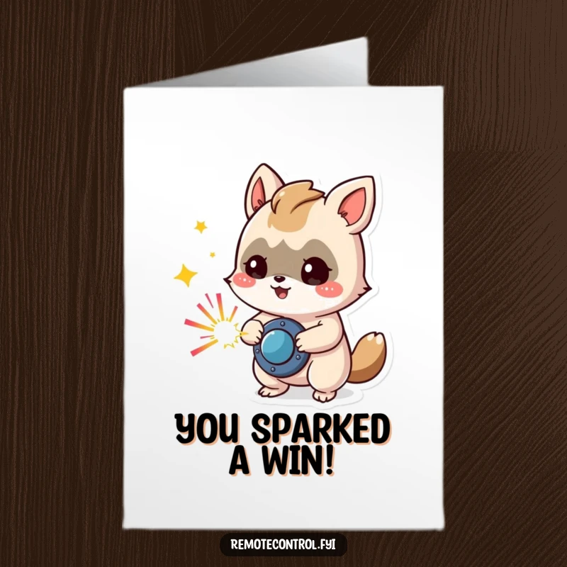 Funny Free Printable Congratulations Card: Mischievous animal triggering colorful sparks to celebrate your success.