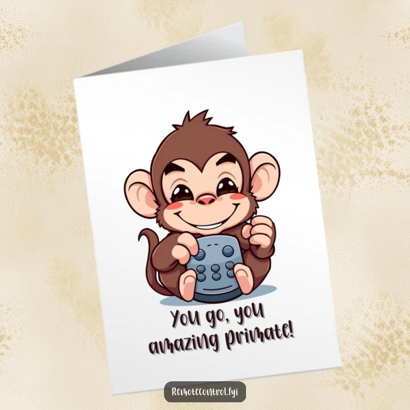 Funny Free Printable Congrats Card: Mischievous monkey with a wide grin, acting as a remote control.