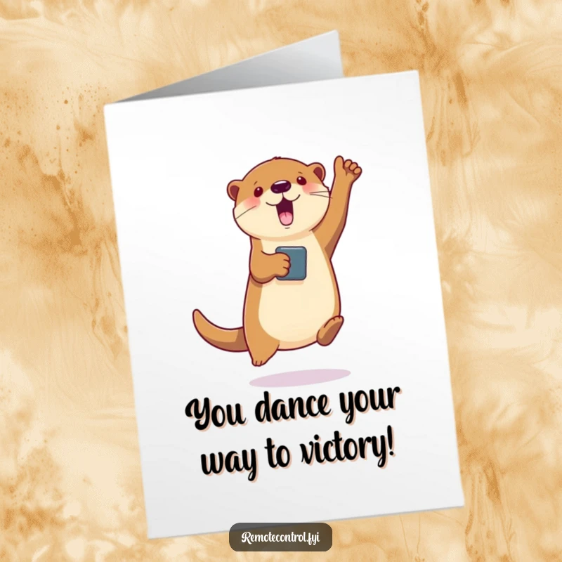 Funny Free Printable Congratulations Card: Energetic otter holding a remote, making a virtual character dance in celebration.