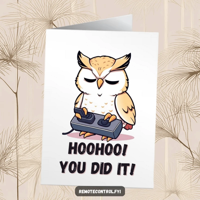 Funny Free Printable Congrats Card: Kawaii owl intensely studies a remote control, signifying focused success.