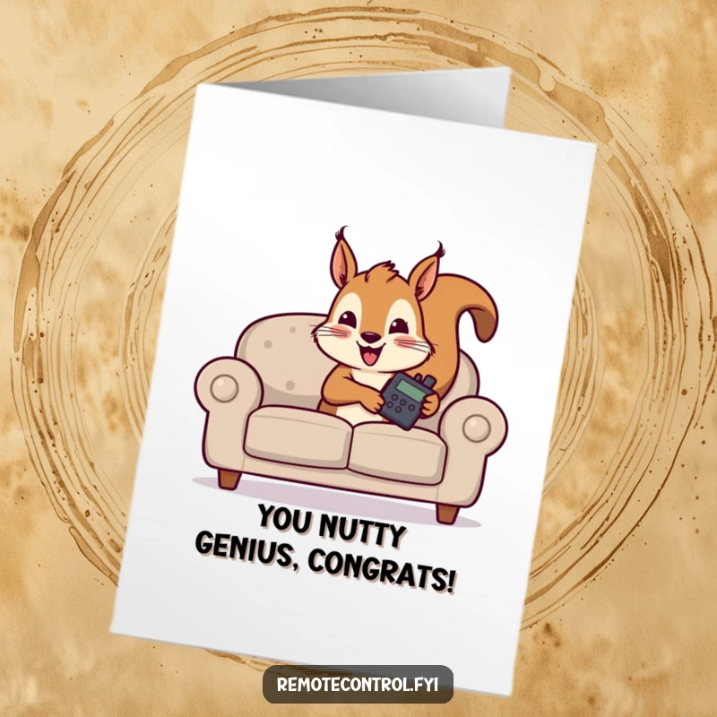 Funny Free Printable Congratulations Card: Mischievous squirrel hiding with a remote, celebrating a big win, perfect for DIY gifting.