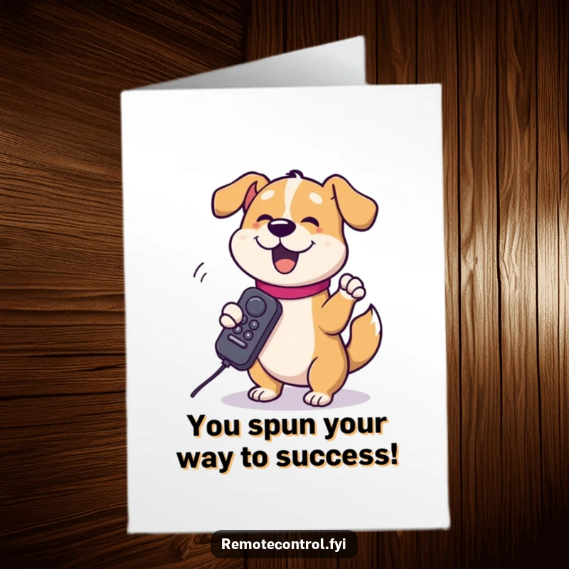 Funny Free Printable Congratulations Card: A silly dog character joyfully spins a remote control around its paw in celebration.