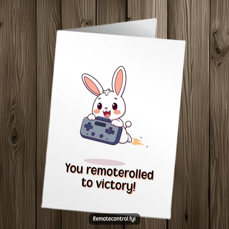 Funny free printable congratulations card showing a bunny zooming with a remote, celebrating a big win.