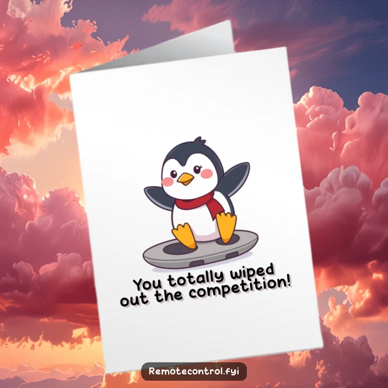 Funny Free Printable Congratulations Card featuring a determined penguin surfing a remote control like a surfboard, signifying a triumphant ride.