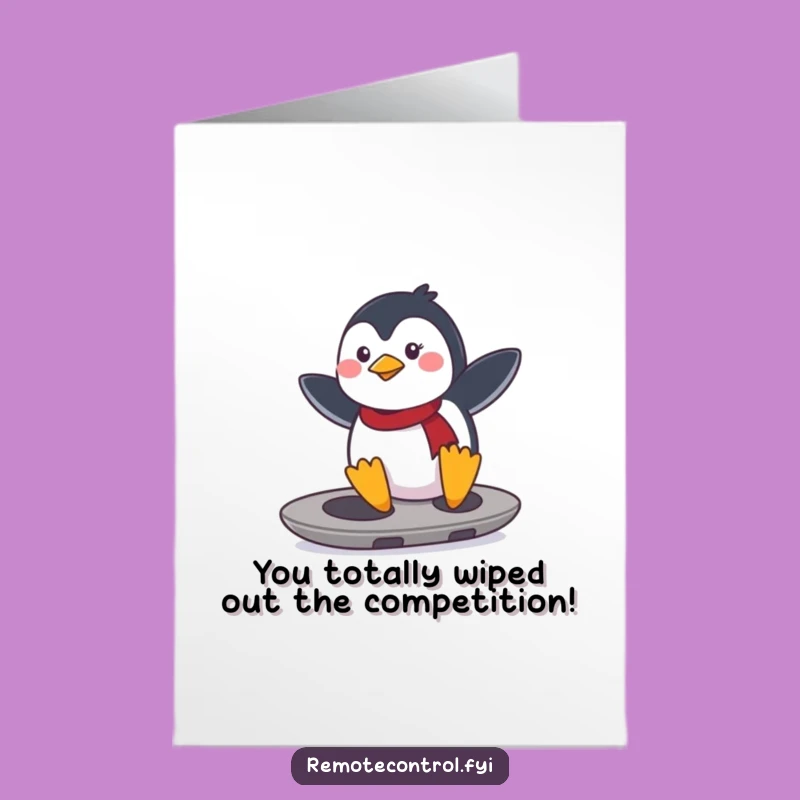 Free Printable Funny Penguin Congrats Card: Remote Rider, Downloadable Achievement Gift