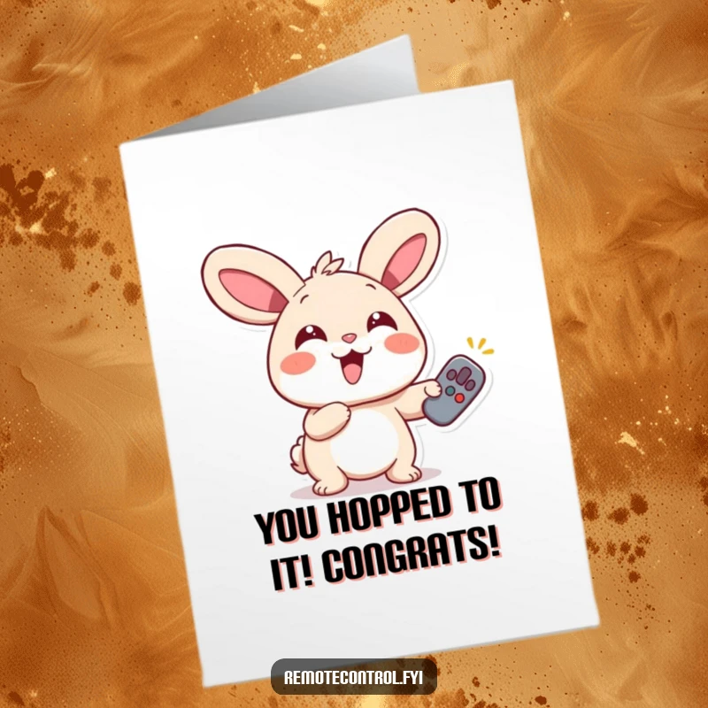 Free printable congratulations card with a giggling rabbit, wide eyes, and an enthusiastic remote point, celebrating success.