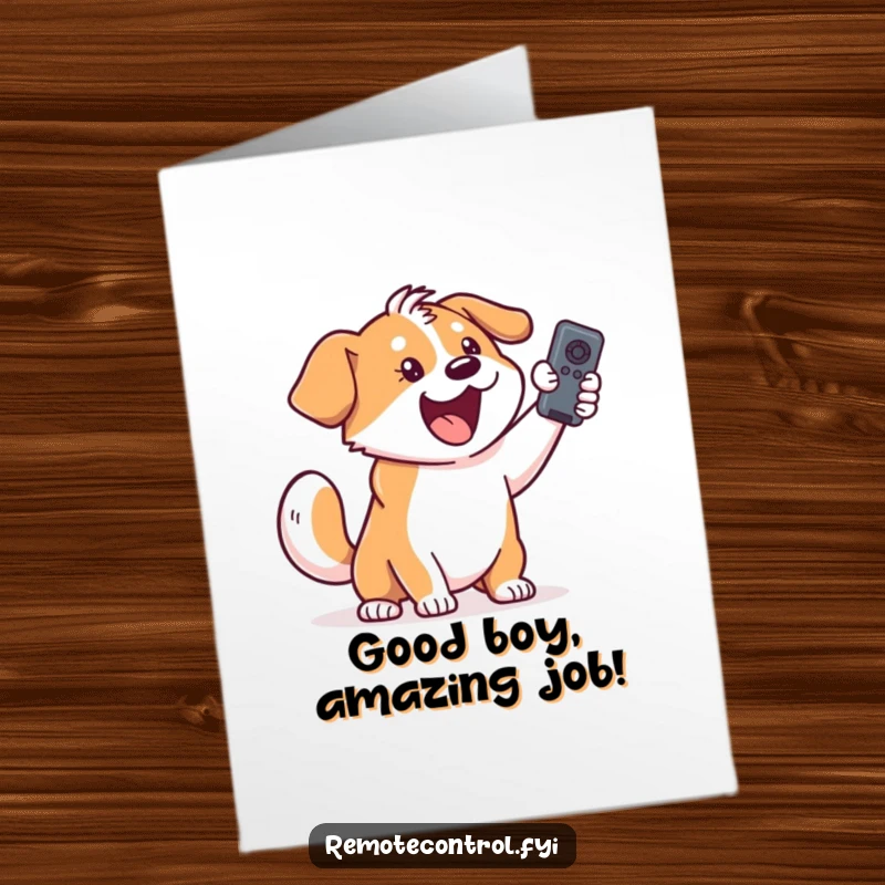 Funny Free Printable Congrats Card: Excited dog with wagging tail holding a remote control triumphantly. Humorous downloadable art.