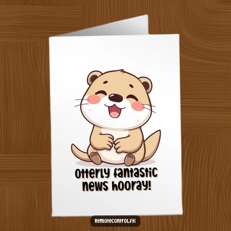 Funny Free Printable Congratulations Card: Delighted otter joyfully hitting buttons, celebrating success with energy.
