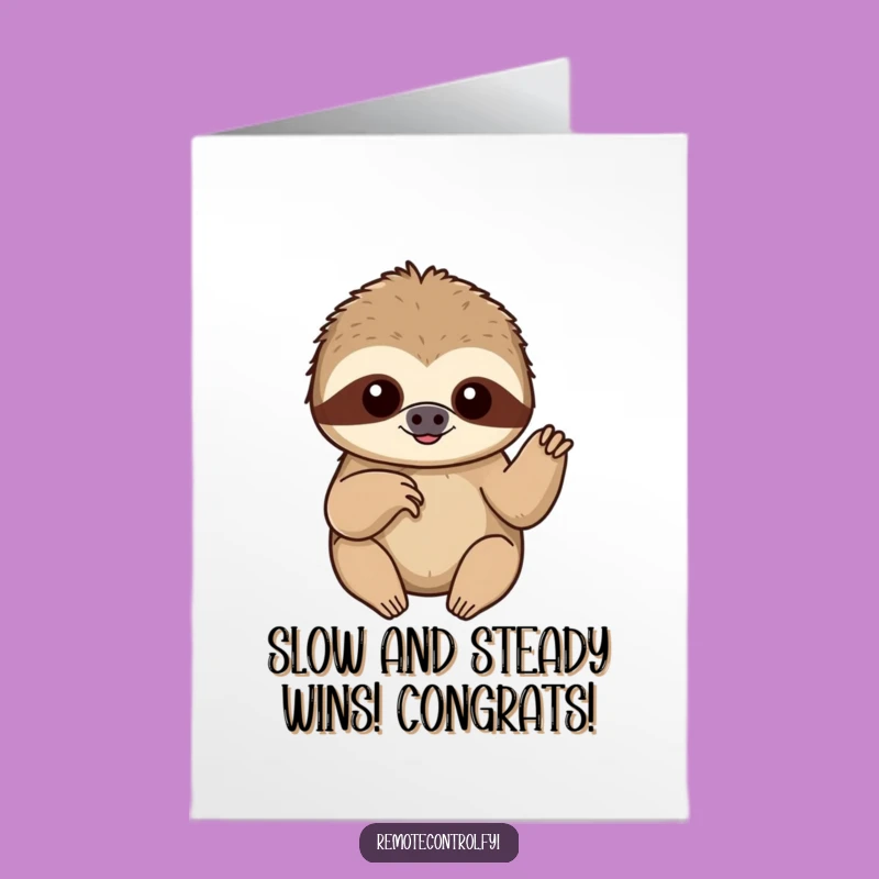 Free Printable Congrats Card: Content Sloth Pushes Button - Funny Downloadable Congratulations Gift