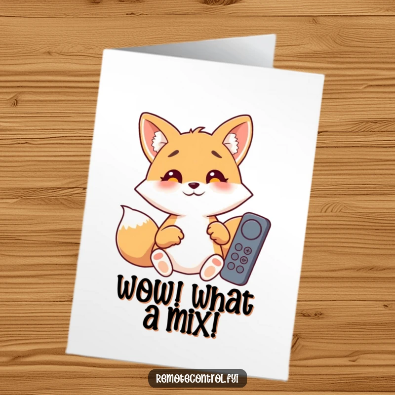 Funny Free Printable Congratulations Card: A giggling fox with surprised eyes is overwhelmed by numerous remote control buttons.