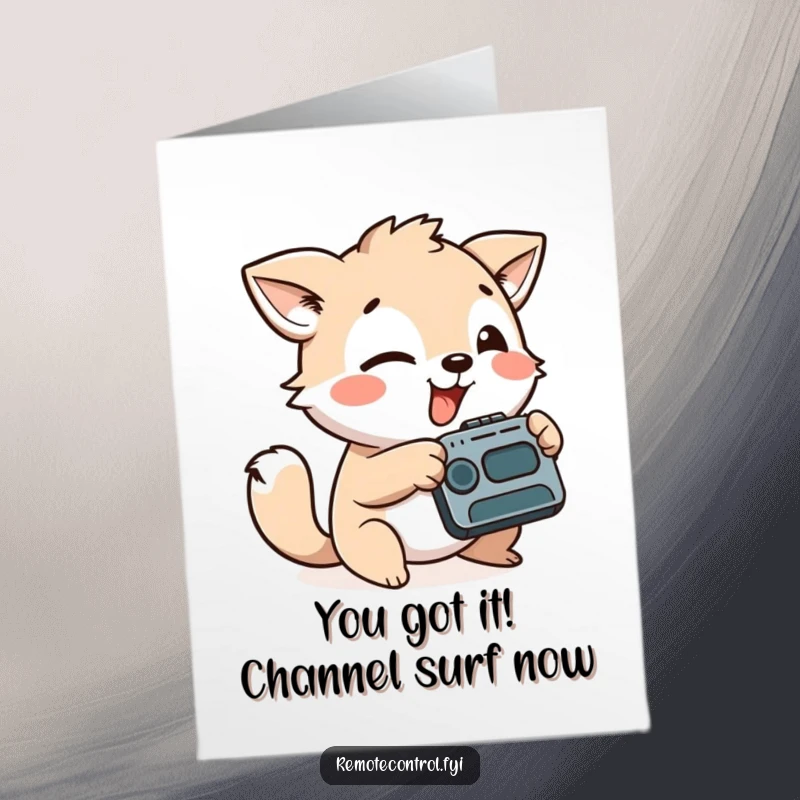 Funny Free Printable Congratulations Card: A playful animal character aims a remote control with a silly expression, celebrating victory.