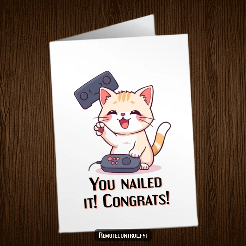 Free printable congratulations card with a playful cat batting a remote control with its paw, celebrating an achievement.