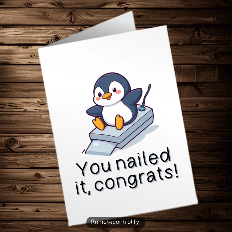 Funny Free Printable Penguin Congratulations Card: Penguin sliding down remote ramp, celebrating victory.