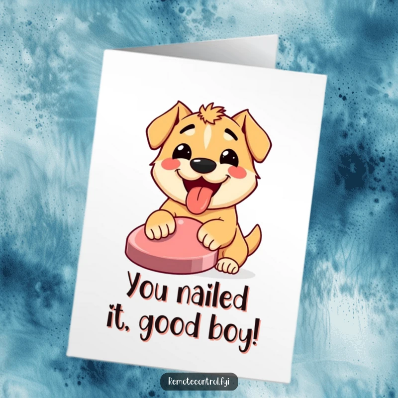 Funny free printable congratulations card: a happy dog presses a big button, celebrating your big win.