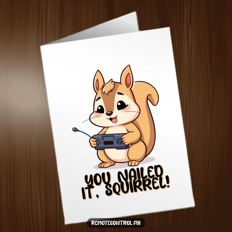 Funny Free Printable Congratulations Card: Focused squirrel with remotes, celebrating a job well done.