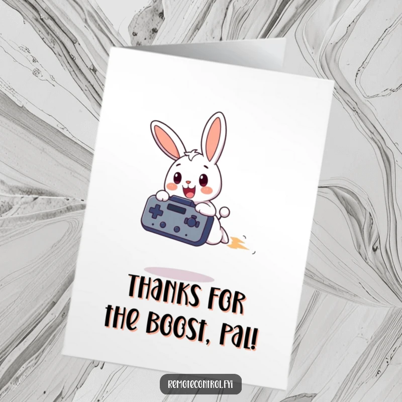 Funny free printable thank you card with a bunny flying with a remote, expressing gratitude with humor.