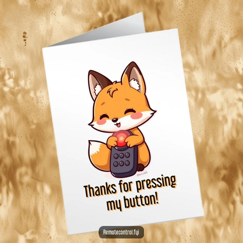 Funny free printable thank you card with a fox poised to press a red button, expressing gratitude.