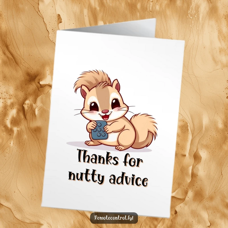 Funny Free Printable Squirrel Thank You Card: A giggling squirrel studies a remote control, showing thanks.