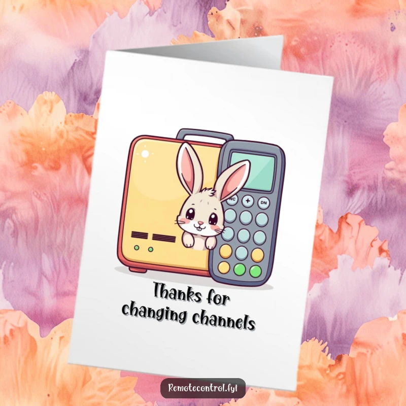 Funny Free Printable Thank You Card: Curious bunny peeking behind a giant remote, offering thanks with humor.