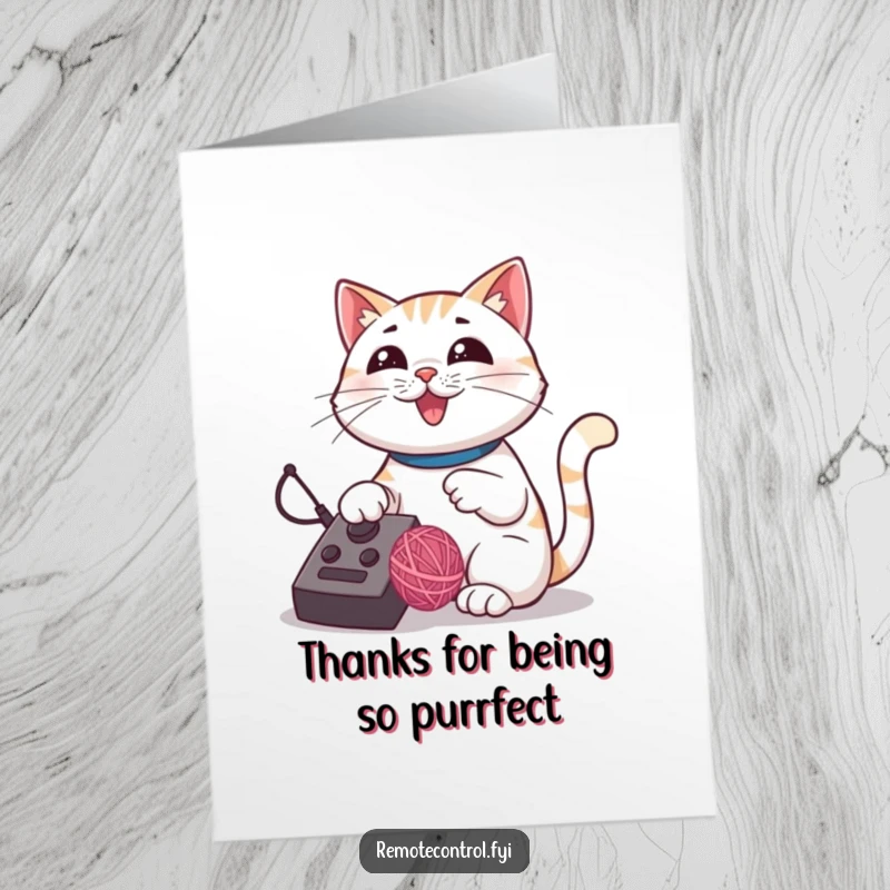 Funny Free Printable Thank You Card: Proud cat expertly using a remote to direct a bouncing yarn ball.