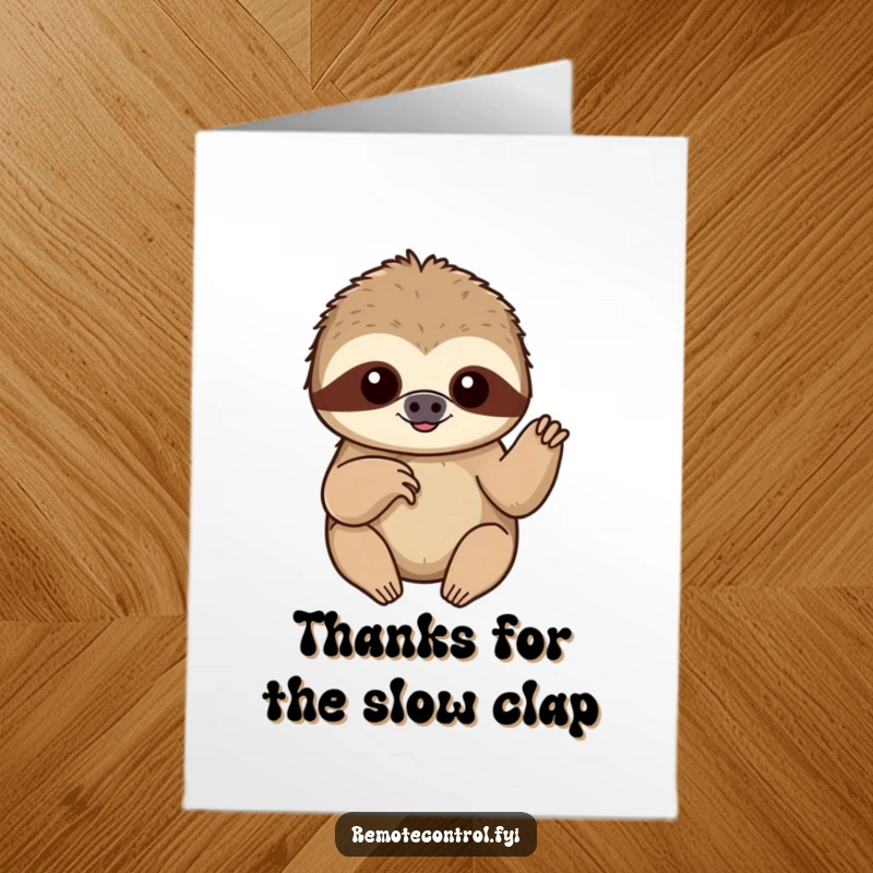 Funny Free Printable Thank You Card: A content sloth slowly pushes a button with a single finger, mastering the art of patience.