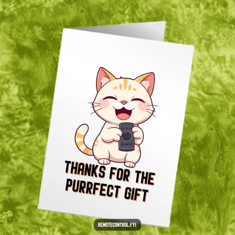 Funny Free Printable Thank You Card: Giggling cat holding a remote, playfully directing thanks your way.