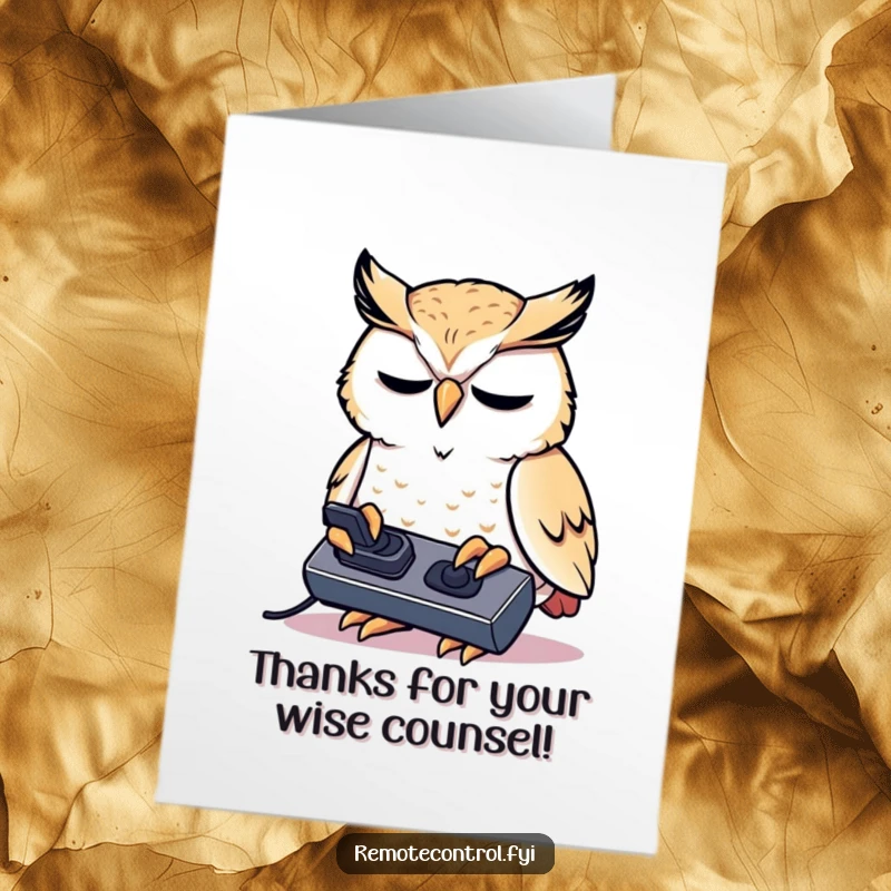 Funny Free Printable Thank You Card: An owl uses intense concentration on a remote control, conveying thanks.