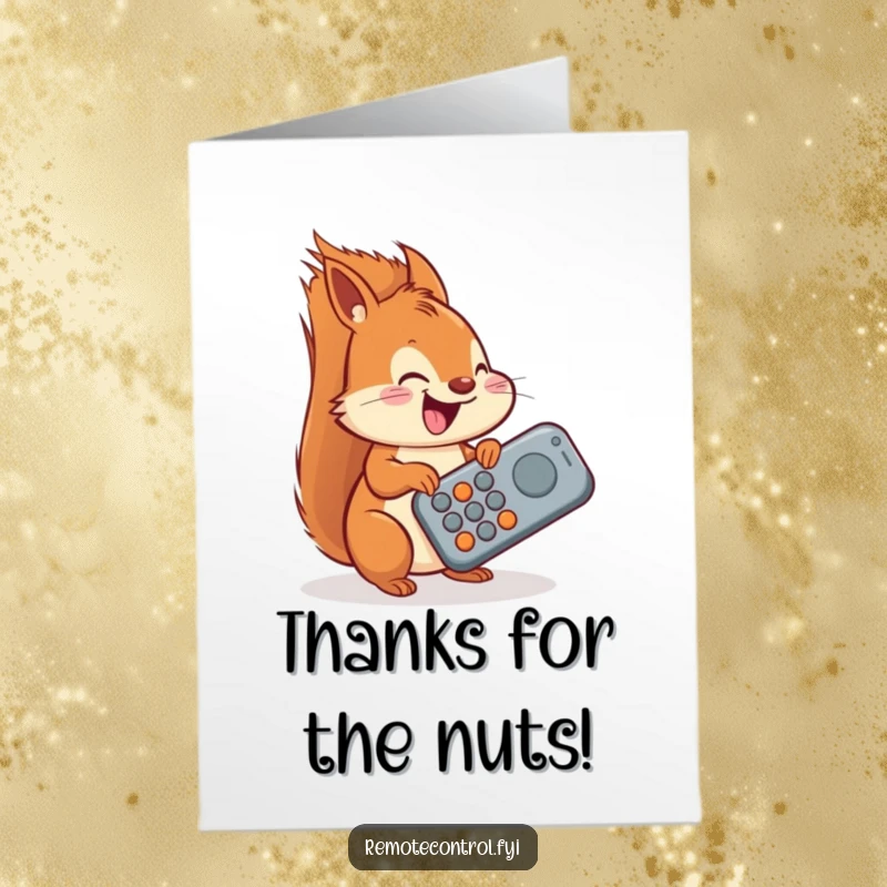 Funny Free Printable Thank You Card: Delighted squirrel trying to use a giant remote, expressing sincere thanks.