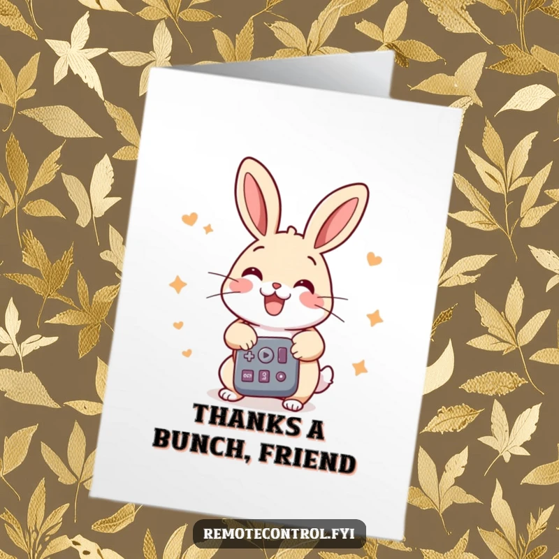 Funny Free Printable Thank You Card: Cheerful rabbit pressing many buttons on a remote with great energy, sending thanks.