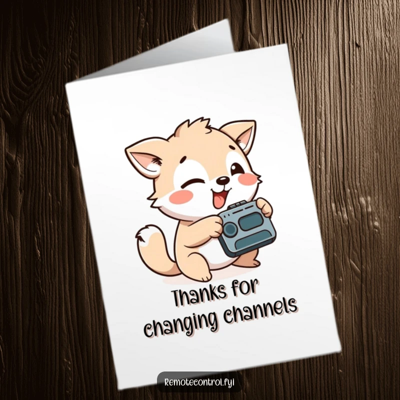 Funny Free Printable Thank You Card: A playful animal character aims a remote control with a silly face, expressing thanks.
