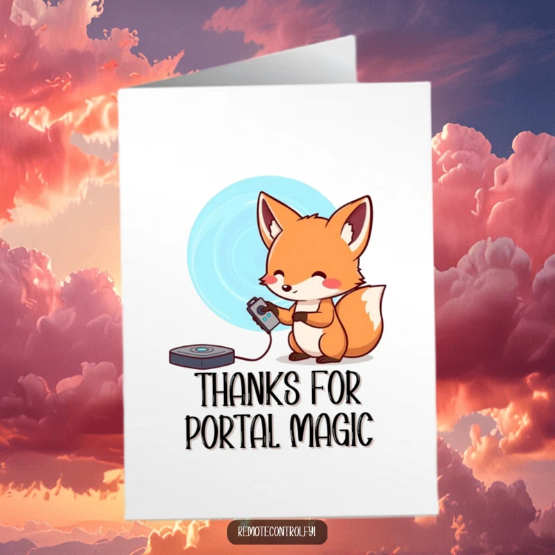 Funny Free Printable Thank You Card: Curious fox pointing a remote at a swirling portal, sending thanks instantly.