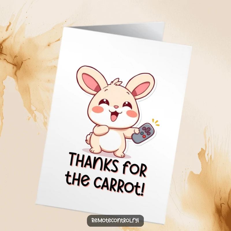 Funny free printable thank you card showing a giggling rabbit with wide eyes, pointing a remote enthusiastically to say thanks.