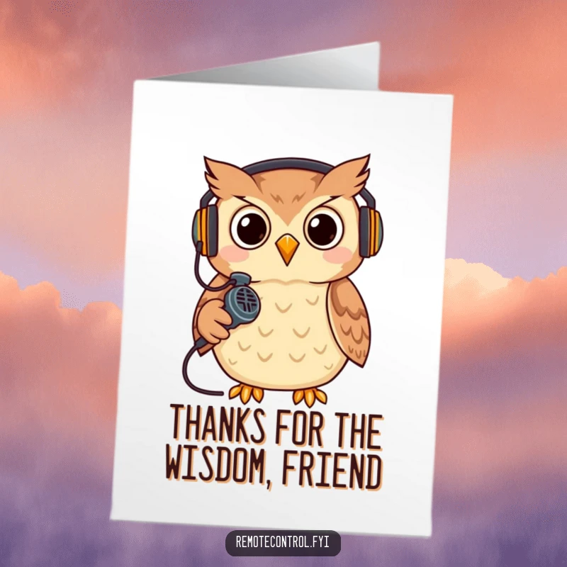 Funny Free Printable Thank You Card featuring a cool owl with a headset and remote, expressing gratitude with tech flair, print at home.