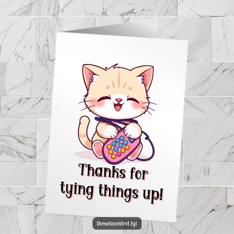 Funny free printable thank you card featuring a giggling kitten entangled in remote cords, showing gratitude.