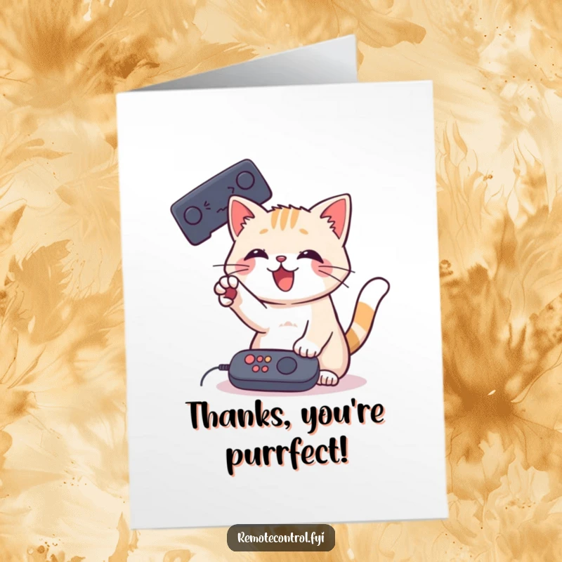 Funny free printable thank you card featuring a playful cat batting at a remote control with its paw, expressing thanks.