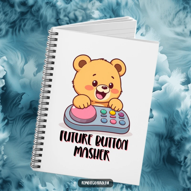 Funny bear cub notebook, a happy cub mashing a big button on a remote, ideal for note-taking and creative work.