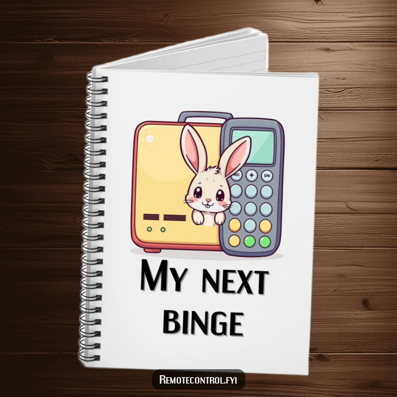 Funny notebook with a curious bunny peeking from behind a large remote control, perfect for jotting down notes humorously.