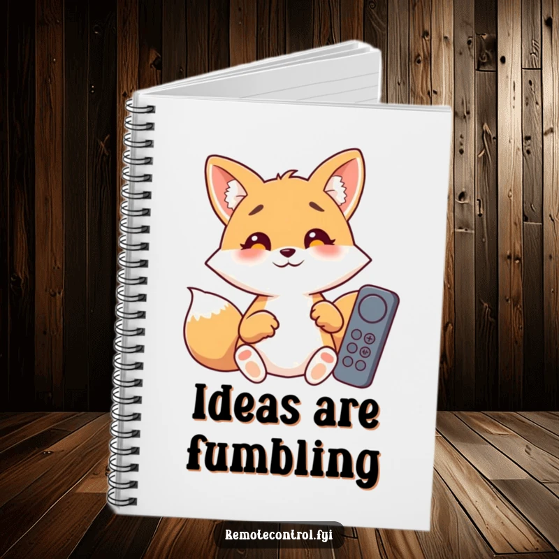 Funny giggling fox with wide eyes, surrounded by remote controls, ready to jot down notes in a humorous notebook.