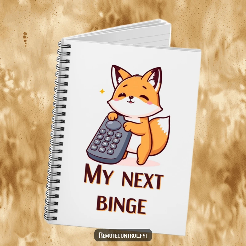 Funny Kawaii Fox Notebook cover depicting an enthusiastic fox pressing buttons on a large remote control, for tech-minded individuals.